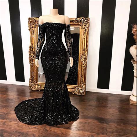 Stunning Long Black Mermaid Prom Dresses 2019 Boat Neck Sparkly Sequin