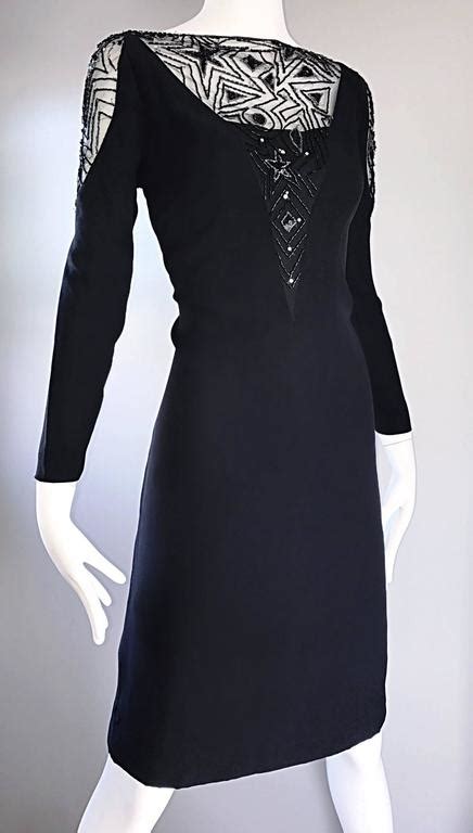 Vintage Bob Mackie Size 12 Black Nude Illusion Sequin Beaded Little Black Dress For Sale At