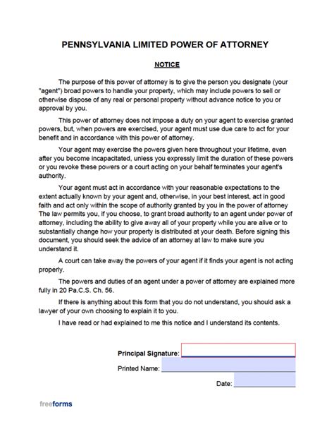 Free Pennsylvania Limited Special Power Of Attorney Form Pdf Word