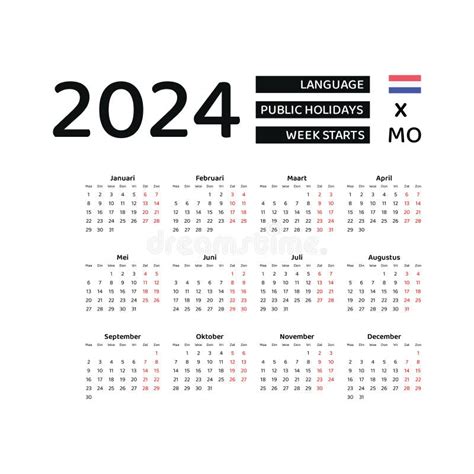 Netherlands Calendar 2024 Week Starts From Monday Vector Graphic