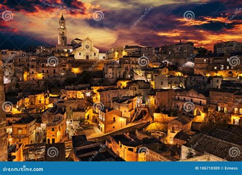 Matera Basilicata Italy Landscape Of The Old Town At Dusk Stock