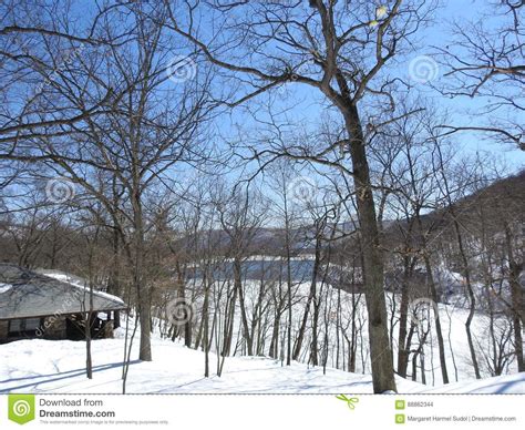 Winter Scene Cabin Overlooking Hessian Lake Bear Mountain