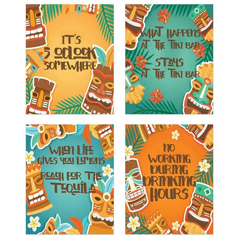 Crystal Funny Hawaiian Tiki Bar Inspirational Prints Set Of 4 8x10