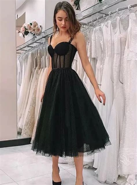 A Line Black Tulle Straps Sweetheart Tea Length Prom Dress Tea Length Prom Dress Tulle Short