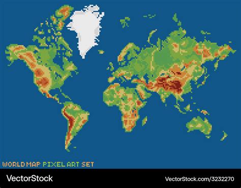 Pixel Art Style World Physical Map Royalty Free Vector Image