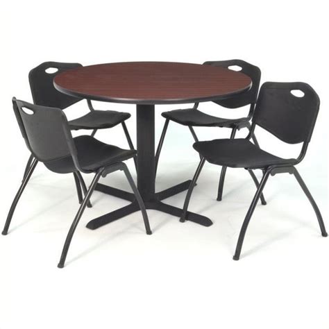 Regency Round Lunchroom Table And 4 Black M Stack Chairs In Mahogany