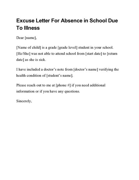 Excuse Letter For School For Being Sick