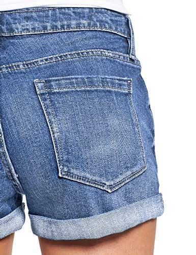 Luvamia Womens Ripped Denim Jean Shorts Mid Rise Stretchy Folded Hem Short Jeans Blue Size