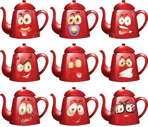 Red Teapots With Facial Expressions Clipping Background Set Vector