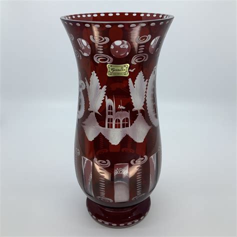 Vtg Egermann Czech Bohemian Ruby Red Cut To Clear Glass Vase Deer And Castle 10 Ebay