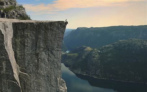 Nature Landscape Preikestolen Norway Fjord Cliff Sitting Danger