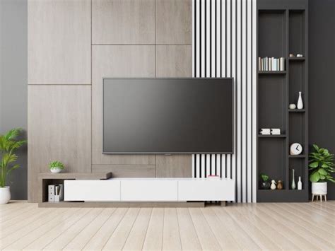 Tv On Wall Have Cabinet In Modern Empty Room With Wooden Wall 1000