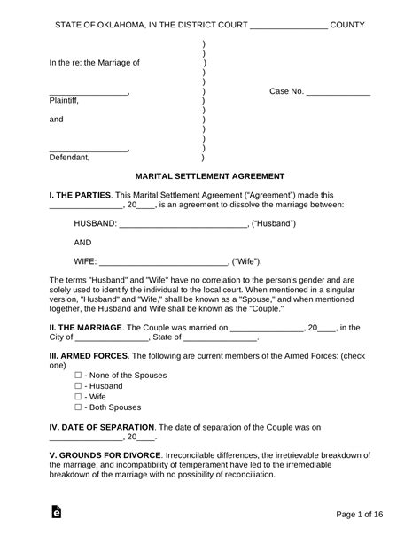 Free Oklahoma Marital Settlement Divorce Agreement Pdf Word Eforms