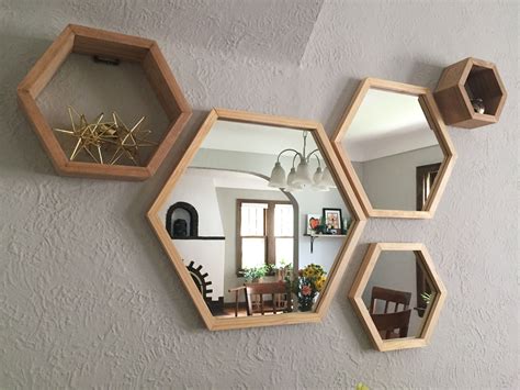 handmade hexagon mirrors and shelves available in 3 sizes on etsy diy mirror wall decor