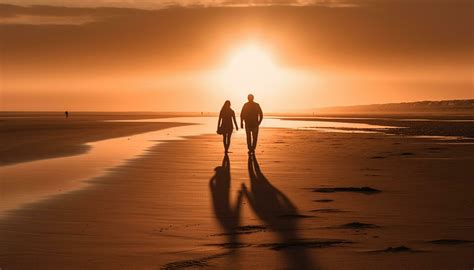 Silhouette Of Couple Walking On Beach At Sunset Generated By Ai