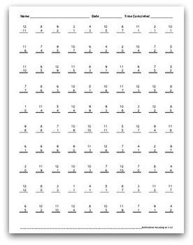 .work 100 vertical subtraction facts, math fact fluency work, multiplication facts to 100 a, minute marker 1 2 3 4 5 subtraction facts 0 12, basic facts, math drills. Math Facts Worksheets: Subtraction Review: 1-12 (100 per ...
