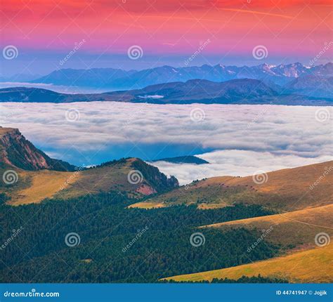 Foggy Summer Sunrise In The Italian Alps Dolomites Mountains I Stock