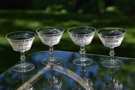 Vintage Etched Cocktail Martini Glasses Set Of 4 Mixologist Craft Cocktail Glasses Circa 1950