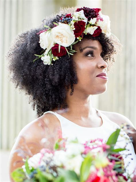 Long hair can just be left alone without any hair accessories as shown in this wedding hairstyle for black women. Natural Wedding Hairstyles for Brides