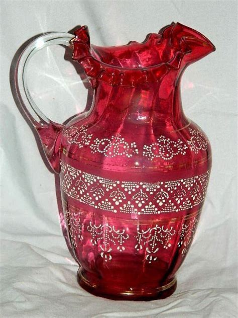 Bohemian Cranberry Glass Pitcher Ruffle Top Enamel Painte W Gold Gilt Pontil Cranberry Glass