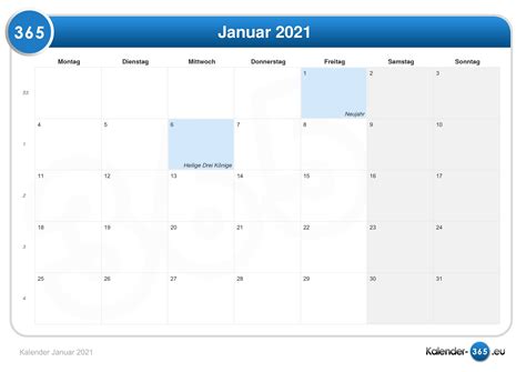 Kalender Januar 2021