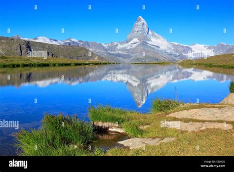 Matterhorn Mirroring In Lake Stellisee Switzerland Valais Stock Photo