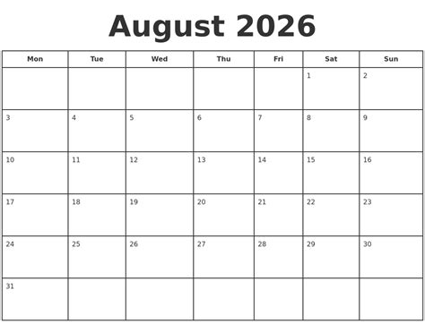 August 2026 Print A Calendar