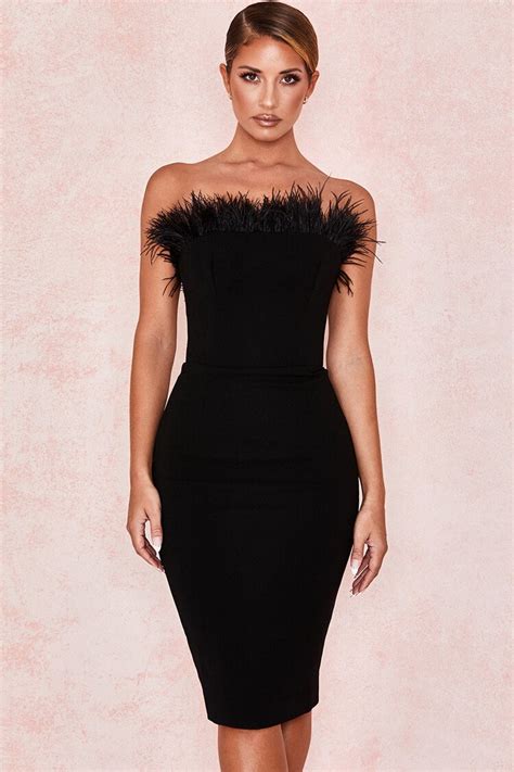 Cutesove Strapless Bodycon Feather Midi Cocktail Party Dress Black