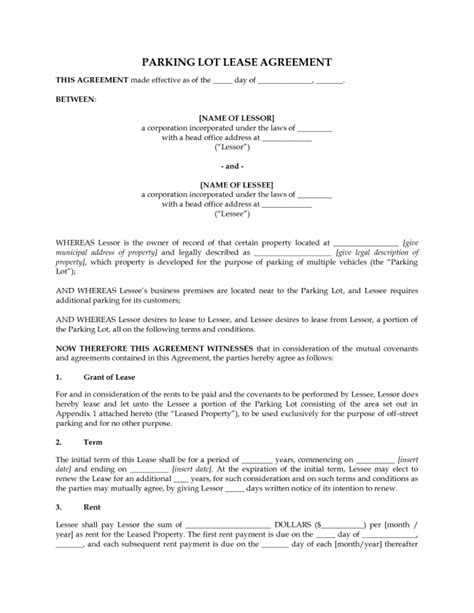 perfect lease agreement template sample  parking lot