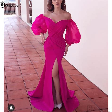 Abendkleider Formal Party Prom Dress Fuchsia Dubai Long Sleeve Mermaid Evening Gowns Elegant
