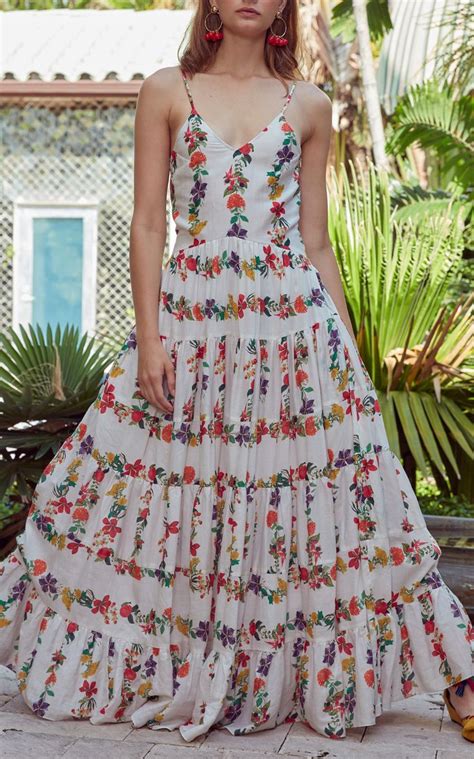 Carolina K Marieta Tiered Floral Cotton Blend Maxi Dress Tropical