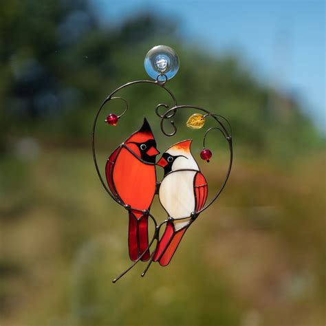 Pair Of Red Cardinals Stained Glass Suncatcher