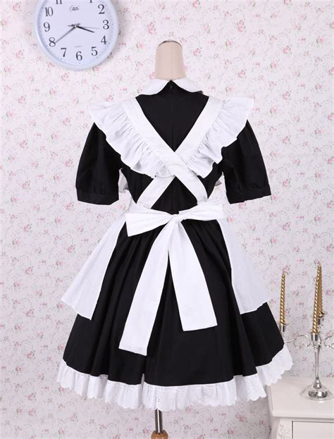 Cotton Black Maid Lolita Op Dress White Apron Short Sleeves