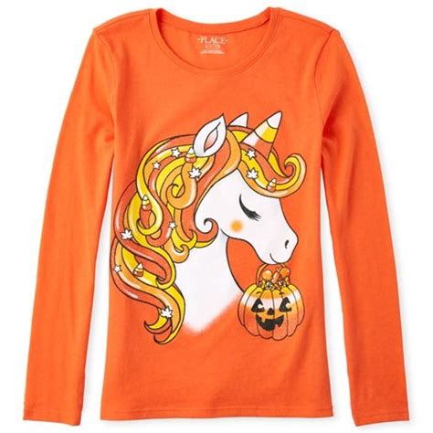 Girls Halloween Long Sleeve Glitter Unicorn Graphic Tee Orange
