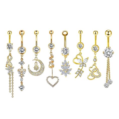 8 Pieces Belly Button Rings Piercing Jewelry Dangling Stainless Steel Heart Rhinestones