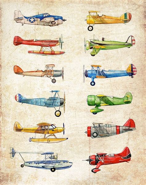 Vintage Airplane Collection Antiqued Watercolor Print