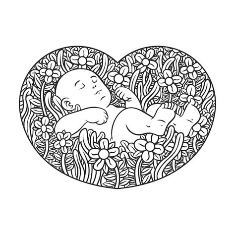 Dibujo De La Mano Del Bebé Con La Flor En El Icono Del Corazón Del Amor