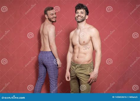 Two Gay Shirtless Man Smiling Rear And Front Stock Photo Image Of