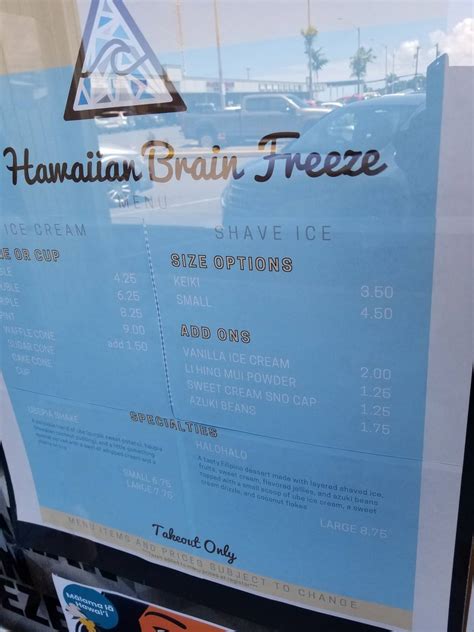 Menu at Da Hawaiian Brain Freeze Shave Ice & Ice Cream restaurant, Hilo