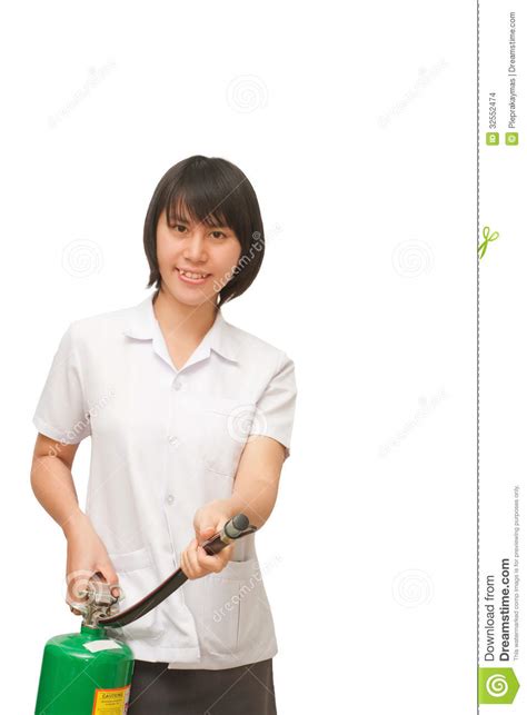 Doctor Woman Holding A Fire Extinguisher Green Stock Photo