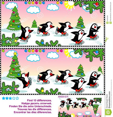 Find The Differences Visual Puzzle Skating Penguins Stock Vector