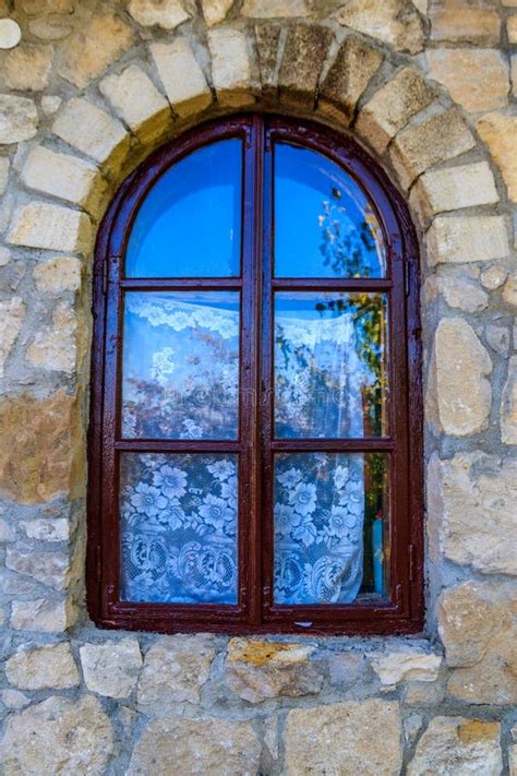 Arched Wooden Window In Stone Wall Stock Image Image Of Decoration
