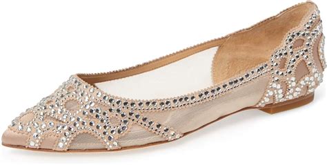 Xyd Women Elegant Pointed Toe Rhinestone Flats Mesh Slip On Low Heel Wedding Bride Dress Shoes
