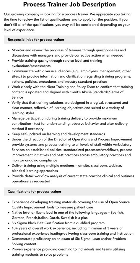 Process Trainer Job Description Velvet Jobs