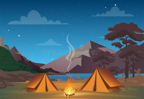 Vector Illustration Of Camping In Night Time With Beautiful View On