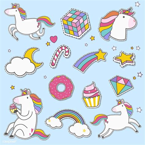 Cute Unicorns With Magic Element Stickers Vector Free Image By