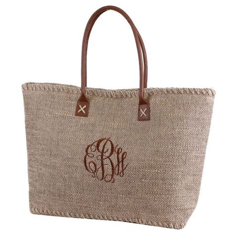 Monogrammed Jute Burlap Tote Bag Personalized Embroidered Womens