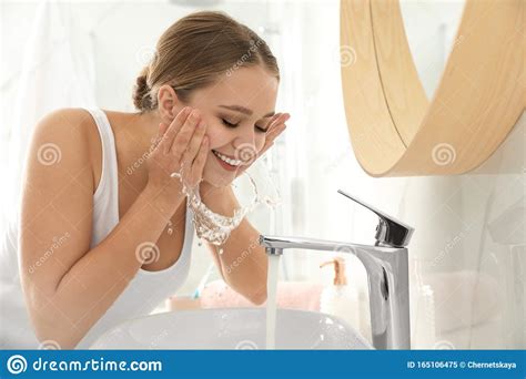 Young Woman Washing Face With Tap Water Stock Image Image Of
