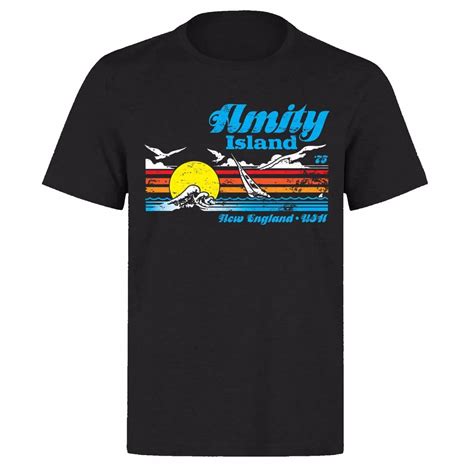 Amity Island 1975 New England Jaws Great White Shark Ph70 Black T Shirt