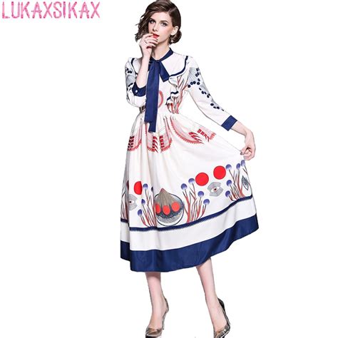 Lukaxsikax Fashion 2018 New Women Autumn Dress Elegant Retro Printting
